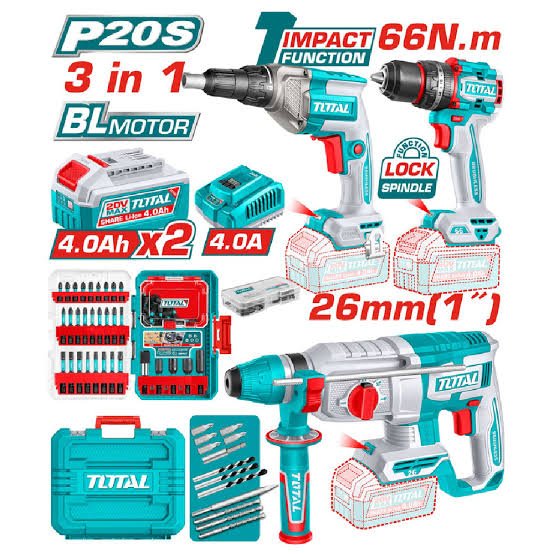 TOTAL TOSLI250591 – Kit Combo Sans Fil Brushless 20V 5 Outils avec 2 Batteries 5,0 Ah