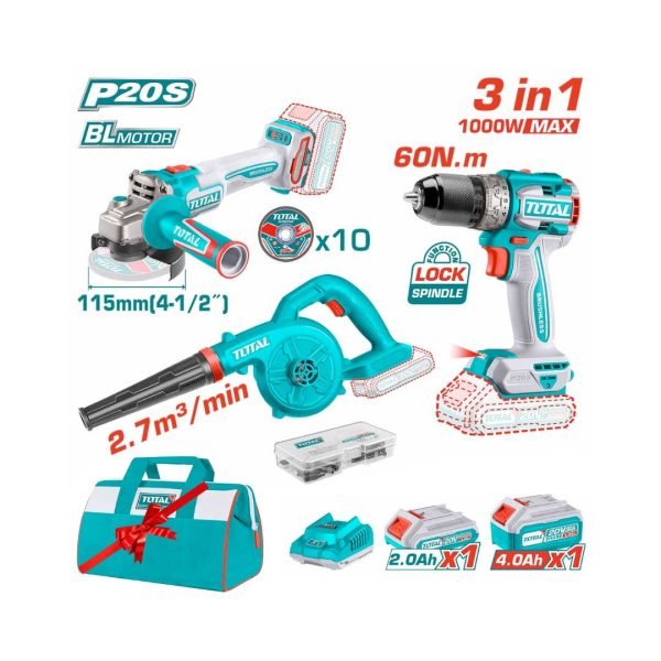 Pack 3 outils sans fil 20V – Visseuse, Meuleuse, souffleur