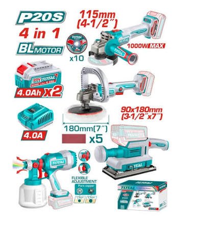 160 TOTAL TOSLI250696 – Kit Combo Sans Fil Brushless 20V 4 Outils avec 2 Batteries 4,0 Ah