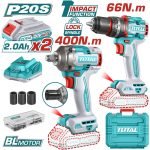 TOTAL TCKLI20275 – Kit Combo Sans Fil 20V Perceuse à Percussion 66 Nm + Clé à Chocs 400 Nm (2 pièces)
