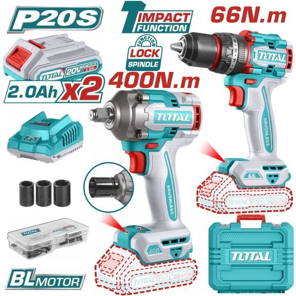 TOTAL TCKLI20275 – Kit Combo Sans Fil 20V Perceuse à Percussion 66 Nm + Clé à Chocs 400 Nm (2 pièces)