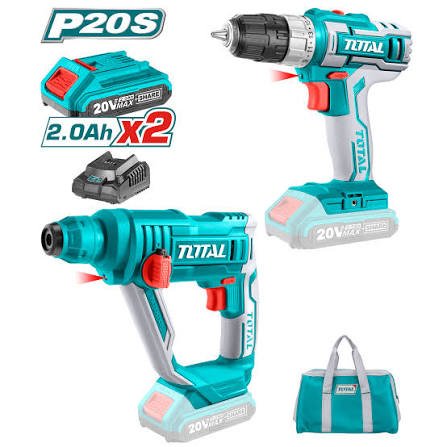TOTAL TCKLI2008 – Kit Combo Sans Fil 20V 2Ah Perceuse Visseuse + Marteau Perforateur Sans Fil