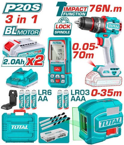 Kit Combo Sans Fil Brushless 20V 5 Outils avec 2 Batteries 2,0 Ah TOTAL TOSLI250511
