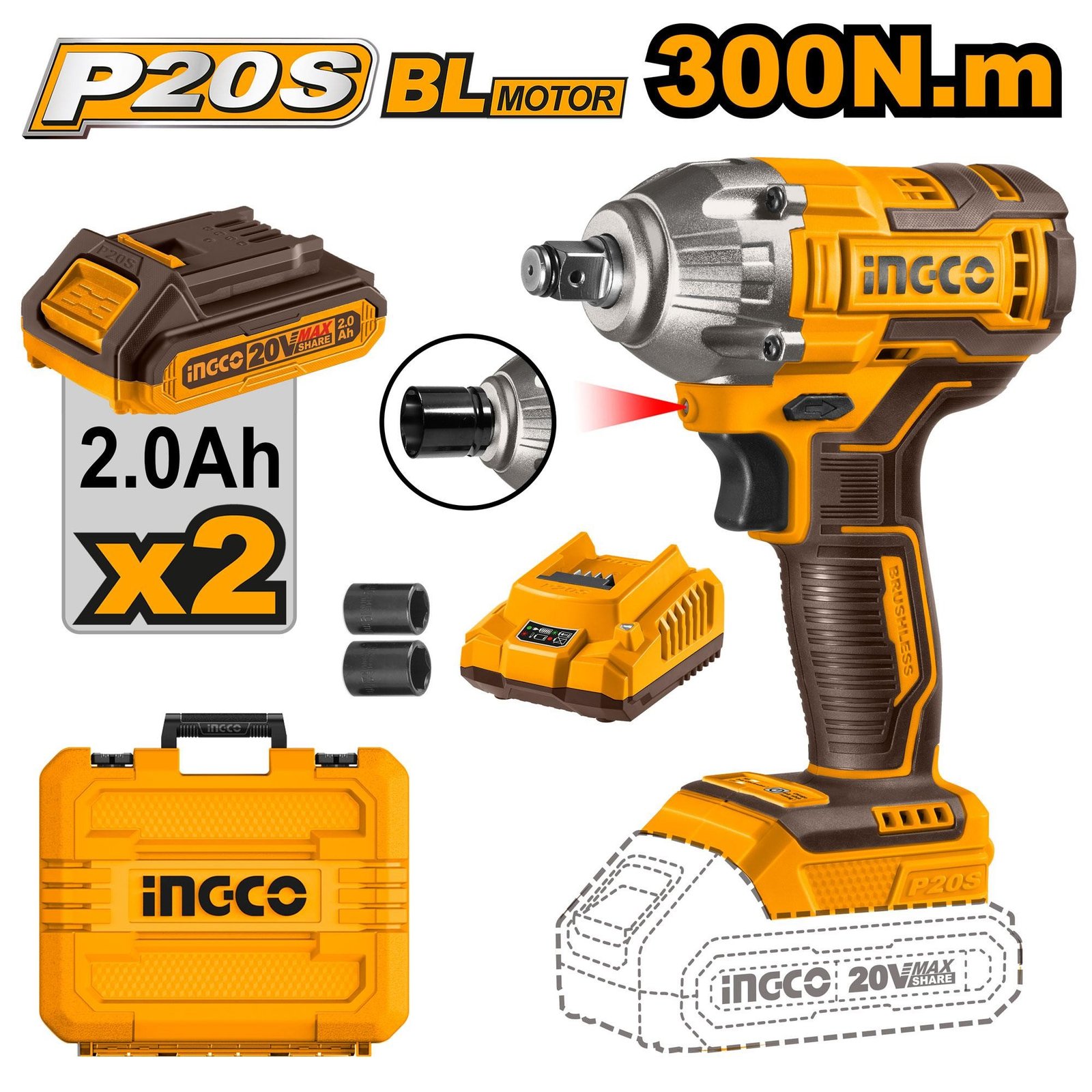 CIWLI2038 Boulonneuse à Choc 300NM sans Charbon 20v+2 Bat