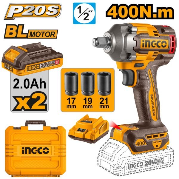 Boulonneuse à Choc 400NM sans Charbon 20v+2 Batteries 2.0