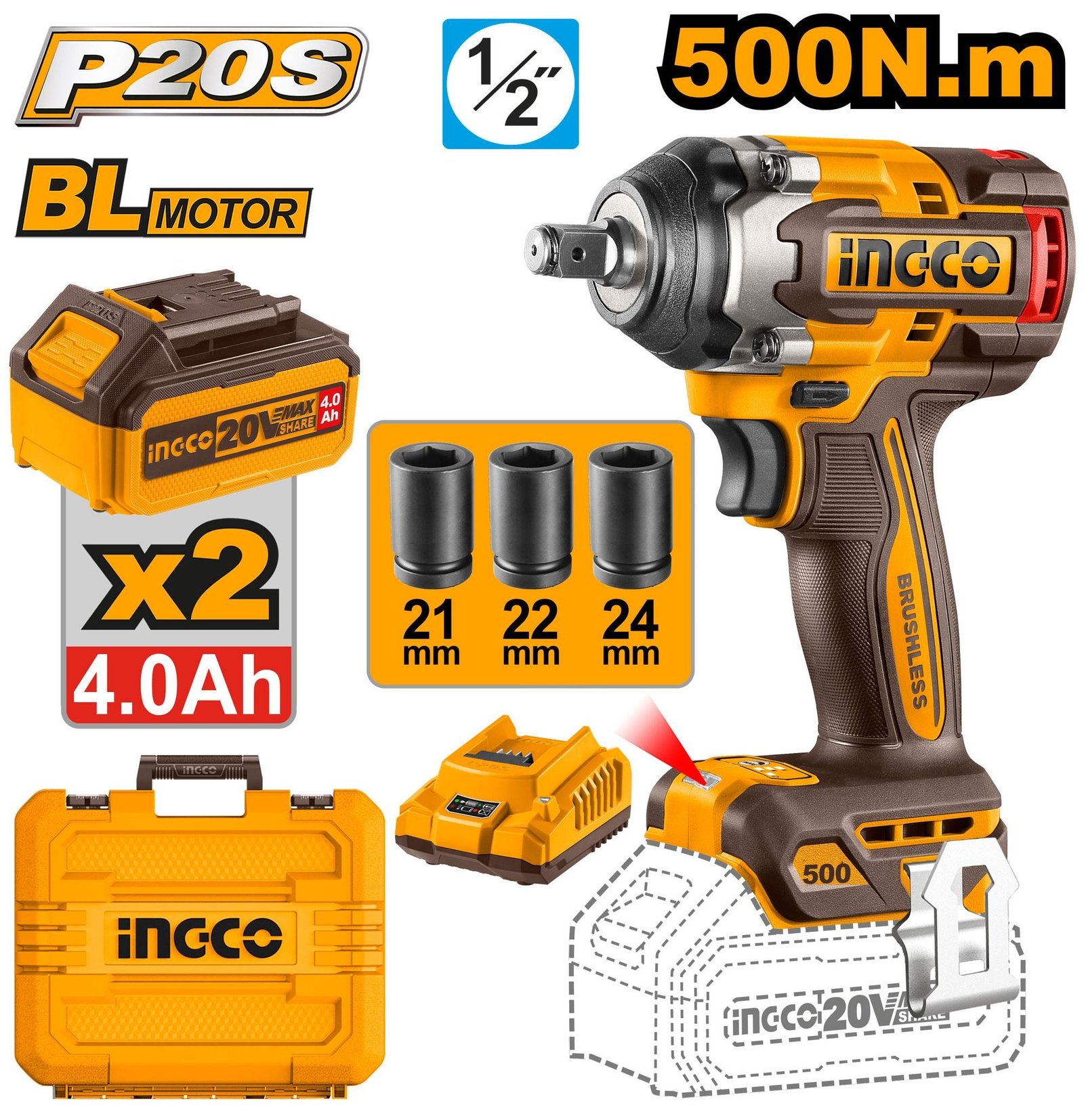 CIWLI2050 Boulonneuse à Choc 500NM sans Charbon 20v+2 Batteries si