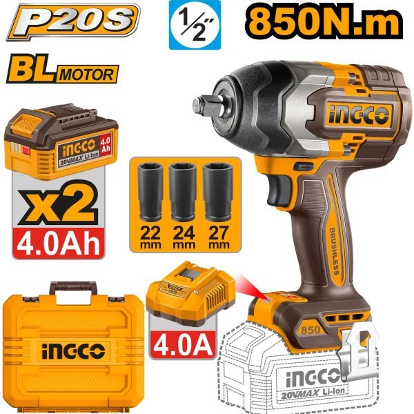 Boulonneuse à Choc 850NM Brushless 20v+2 Batteries