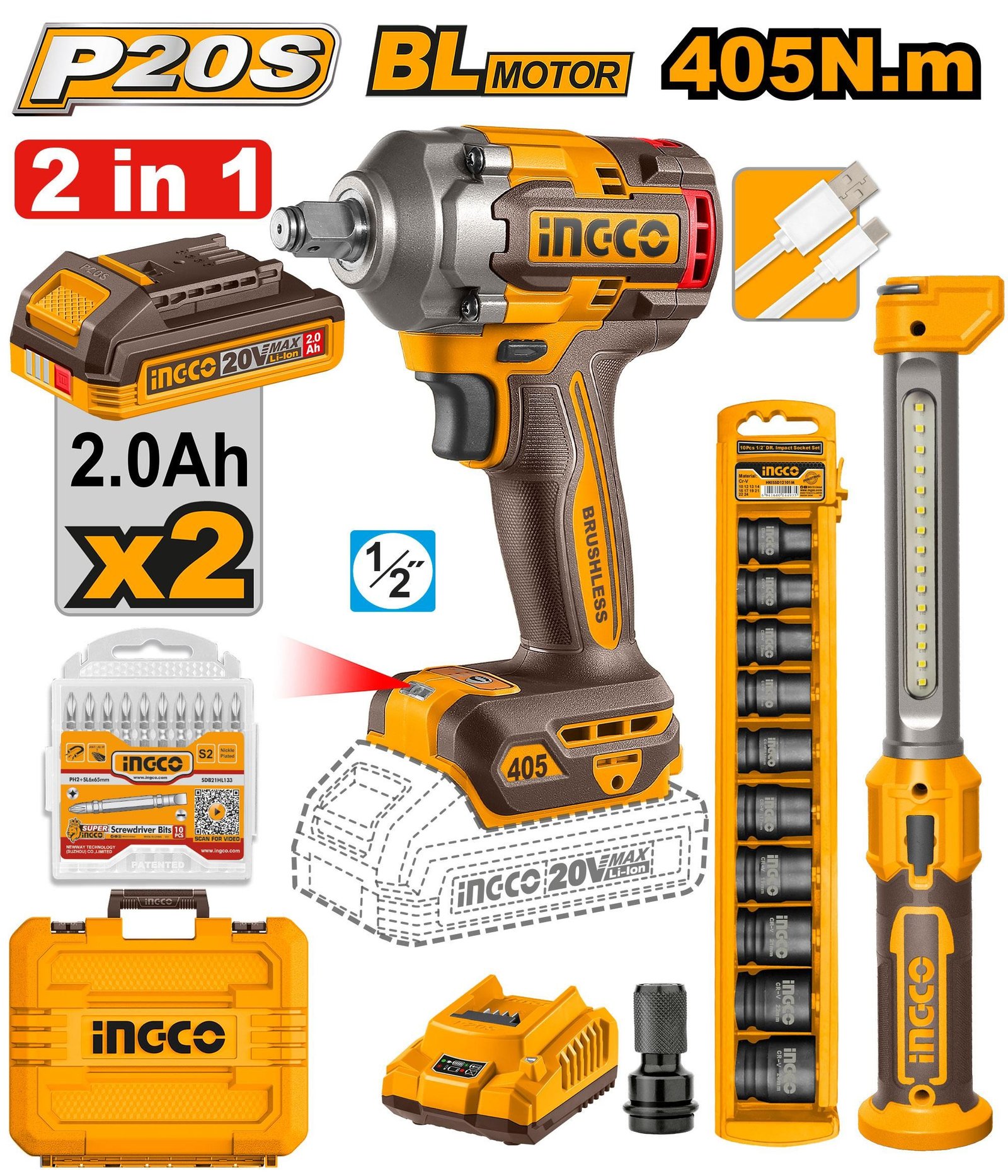 COSLI23056 Pack Combo Boulonneuse 405NM + Douilles + Lampe de Travail