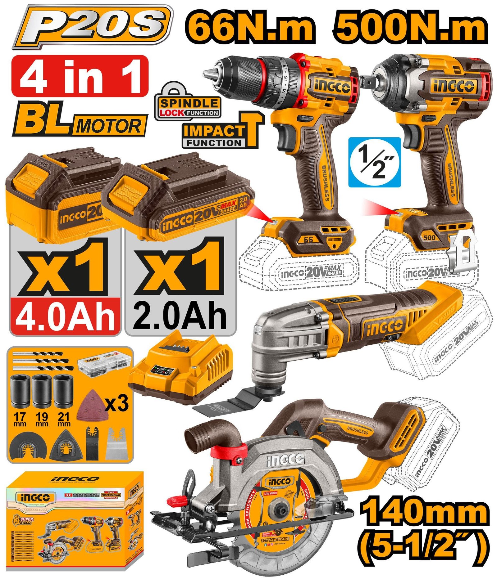 COSLI241169 Pack de 4 Machines Perceuse+scie Circulaire+boulonneuse+multifonction