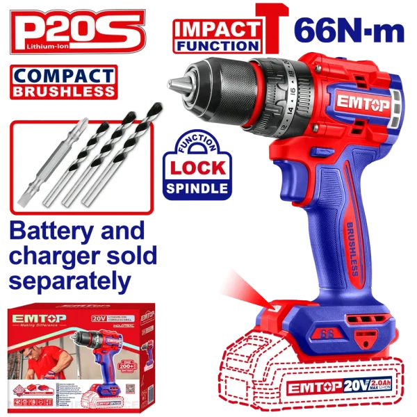 PERCEUSE A PERCUSSION BRUSHLESS 20V 66NM EMTOP ECIDL206681