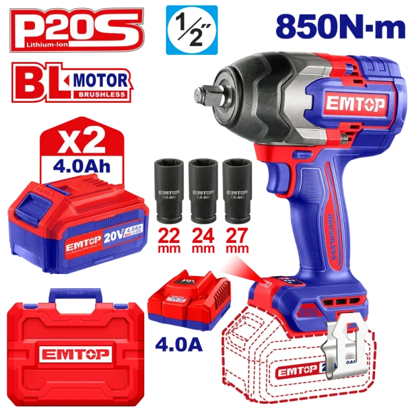 CLÉ À CHOCS 1/2″ SANS FIL 850NM + 2 BATTERIES 4.0AH