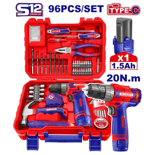 COFFRET VISSEUSE 12V AVEC 96 OUTILS & ACCESSOIRES EMTOP EEDK09601
