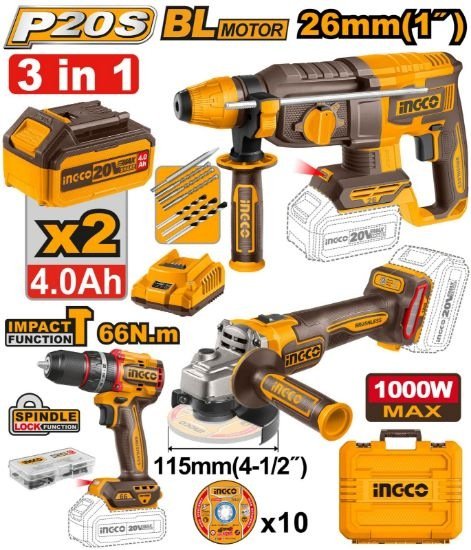 Pack Perforateur+meuleuse+perceuse 66NM Brushless
