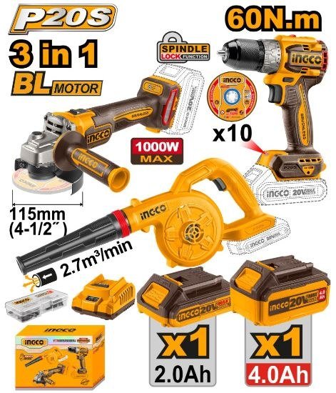 Pack Meuleuse+perceuse 60N.m+souffleur 20V