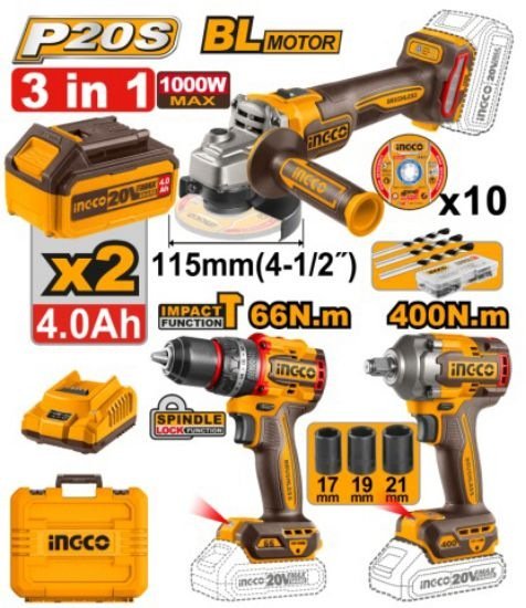 Pack Perceuse+meuleuse+boulonneuse Brushless 20V