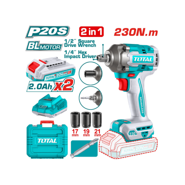 Perceuse à percussion 2-en-1 et tournevis 230Nm avec 2 piles