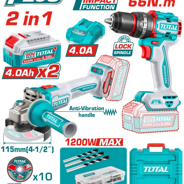 Kit combiné sans fil TOTAL TCKLI20256 : perceuse à percussion sans balais 20 V (66 Nm), meuleuse d’angle 114 mm (4,5 pouces),
