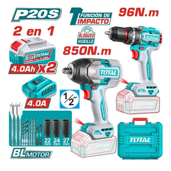 Kit Combo Sans Fil Brushless 20V 5 Outils avec 2 Batteries 5,0 Ah TOSLI250586