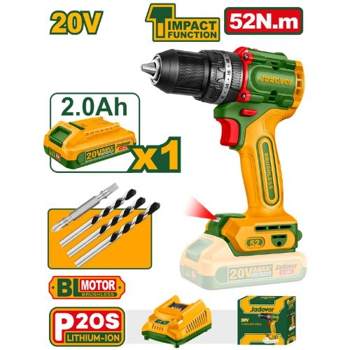 Perceuse à percussion 20V Compacte Brushless 52N.m avec 1 Batt 2,0Ah+Chargeur